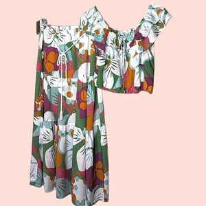 RACHEL 2 PC Crop Top Tiered Maxi Skirt Set Tropical Print size M